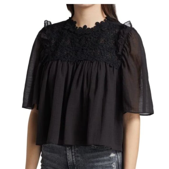 7 FOR ALL MANKIND NWT Appliquéd Ruffle Linen-Blend Blouse Size M Black - Picture 1 of 3